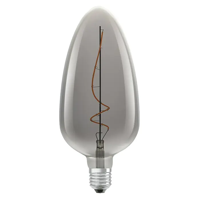 Osram LED-Lampe Vintage Edition 1906 Globe-Form E27 - E27, Dimmbar, Warmweiß, 140 lm, 4 W - Nahaufnahme einer länglichen Glühbirne mit gewundenem Glühfaden, die ein warmes, einladendes Licht ausstrahlt.