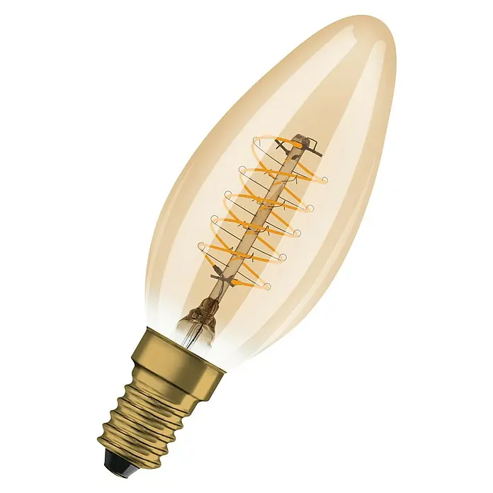 Osram LED-Lampe Vintage Edition 1906 Birnenform E14 - E14, Dimmbar, Warmweiß, 250 lm, Kerze, Gold - Nahaufnahme einer dekorativen Vintage-Glühbirne im Kerzenstil mit warmweißem Licht und gewundenem Glühfaden auf schwarzem Hintergrund.