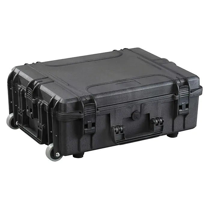 Wasserdichter Koffer MAX540TR - L x B x H: 604 x 473 x 225 mm, Ohne Schaumstoffeinlage, Ausziehbarer Trolley, Schwarz, Kunststoff - Schwarzer Transportkoffer mit Rollen und Griffen. Der Koffer ist robust und ideal für den sicheren Transport von Ausrüstung.