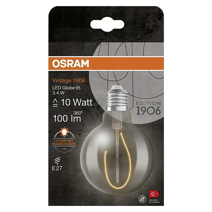Osram LED-Lampe Vintage Edition 1906 Globe-Form E27 - E27, Nicht Dimmbar, Warmweiß, 100 lm - Das Bild zeigt die Verpackung einer Osram Vintage 1906 LED Globe 95 Glühbirne mit 3.4 W, die 10 Watt und 100 Lumen leistet.