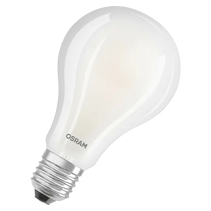 Osram LED-Lampe Glühlampenform E27 matt - E27, Nicht Dimmbar, Warmweiß, 3.452 lm, 24 W - Nahaufnahme einer weißen OSRAM LED-Glühbirne mit E27-Sockel, die auf einem schwarzen Hintergrund hervorragend zur Geltung kommt.