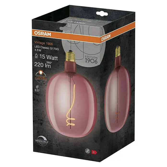 Osram LED-Lampe Vintage Edition 1906 Globe-Form E27 - E27, Dimmbar, Warmweiß, 220 lm, 4,5 W, Farbe: Pink - Nahaufnahme der Osram Vintage 1906 LED Classic G170G Lampe, die warmweißes Licht ausstrahlt und dimmbar ist.