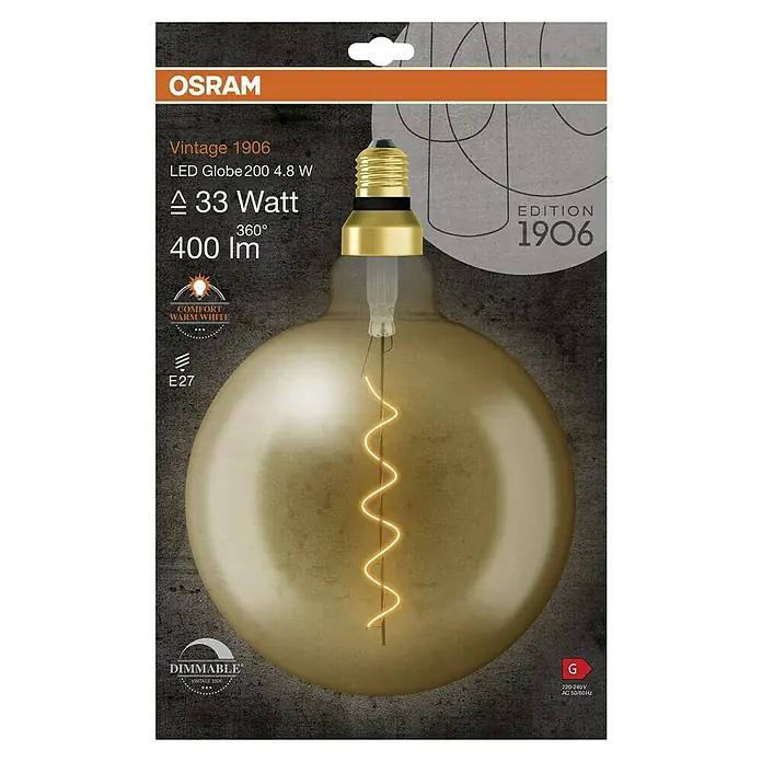 Osram LED-Lampe Vintage Edition 1906 Globe-Form E27 - E27, Dimmbar, Warmweiß, 400 lm, 4,8 W - Abbildung einer OSRAM Vintage 1906 LED-Globuslampe mit 4,8 W, die warmweißes Licht ausstrahlt und dimmbar ist.