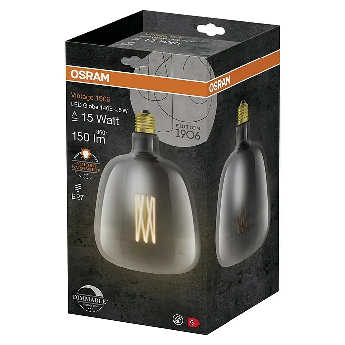 Osram LED-Lampe Vintage Edition 1906 Globe-Form E27 - E27, Dimmbar, Warmweiß, 150 lm, 4,5 W - Nahaufnahme der Verpackung einer Osram Vintage 1906 LED Globe Lampe mit 15 Watt und E27 Sockel, die warmweißes Licht spendet und dimmbar ist.