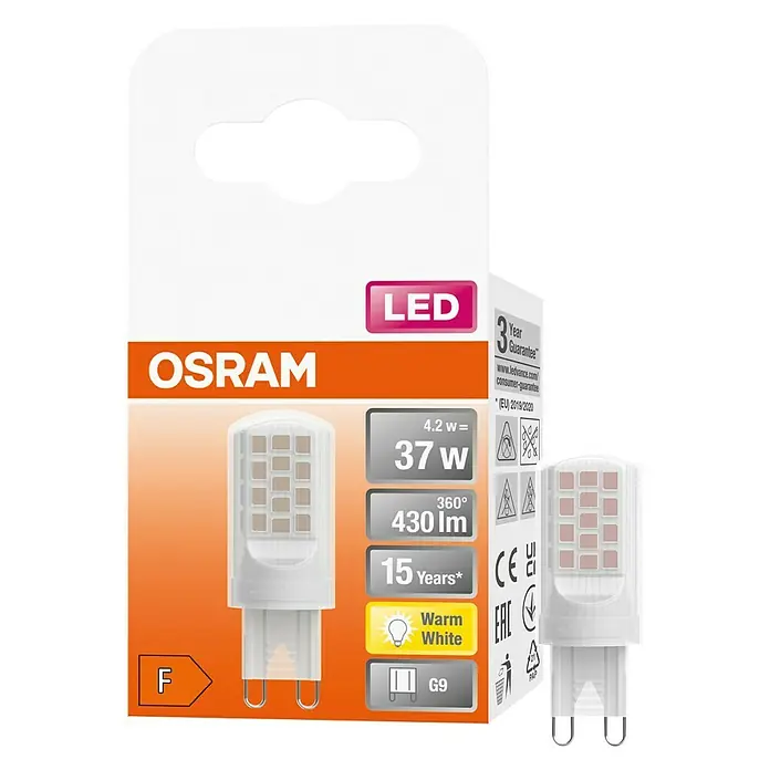 Osram LED-Lampe Pin G9 - G9, Nicht Dimmbar, Warmweiß, 430 lm, 42 W - Produktbild einer OSRAM LED-Lampe G9, warmweiß, 4,2W (entspricht 37W). Energiesparend und langlebig mit 15 Jahren Garantie.