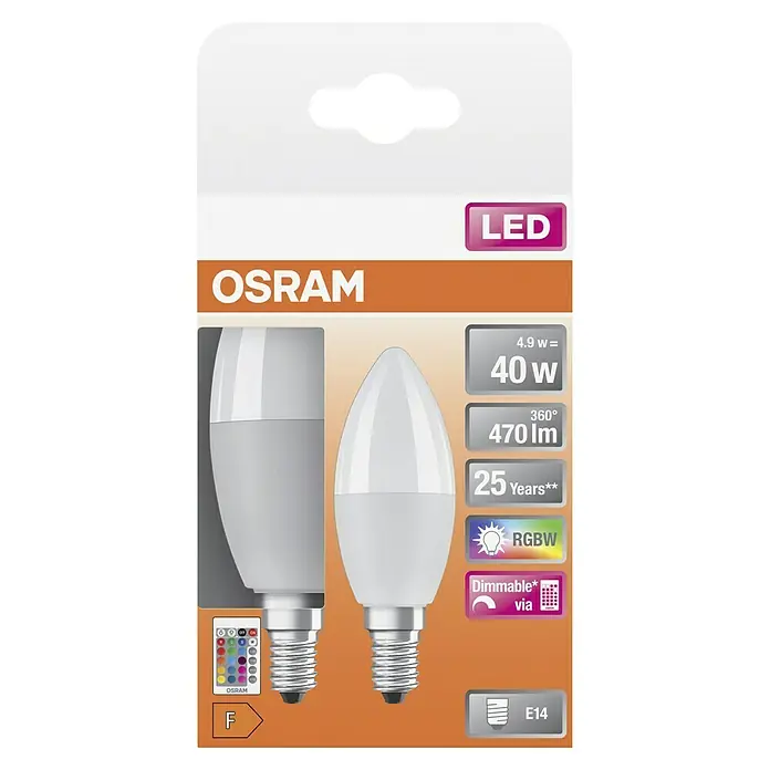 Osram LED-Lampen Set Kerzenform E14 2er Set mit Fernbedienung und Farbsteuerung - E14, Dimmbar, RGBW, 470 lm, 4,9 W - Produktverpackung einer Osram LED Lampe, E14 Fassung, dimmbar und mit Farbwechseloption.