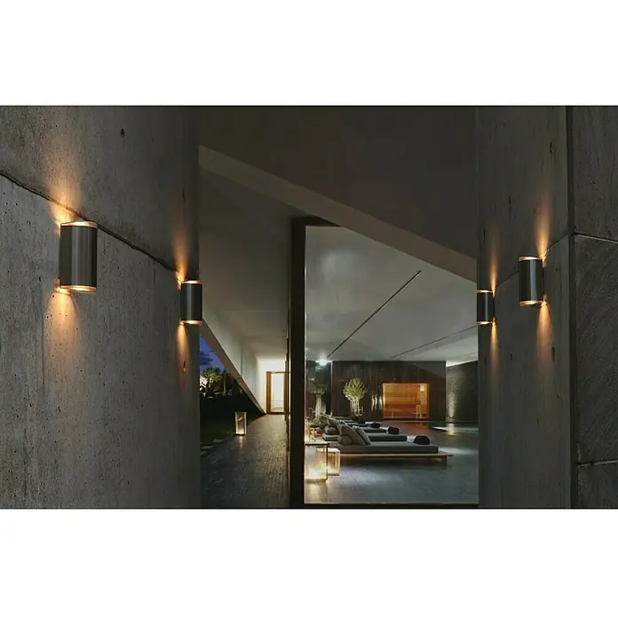 Lutec Aplique exterior LED Path - 16 W, 11 x 8 x 19 cm, Plateado, IP44 - Lámparas de pared cilíndricas de metal modernas iluminan un espacio exterior con un brillo cálido. Ideal para patios y jardines.