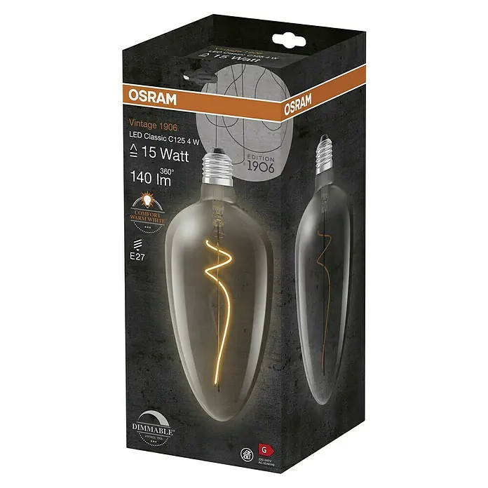 Osram LED-Lampe Vintage Edition 1906 Globe-Form E27 - E27, Dimmbar, Warmweiß, 140 lm, 4 W - Produktverpackung einer Osram Vintage 1906 LED Classic C125 4 W Glühbirne, dimmbar und mit warmweißem Licht für eine gemütliche Atmosphäre.