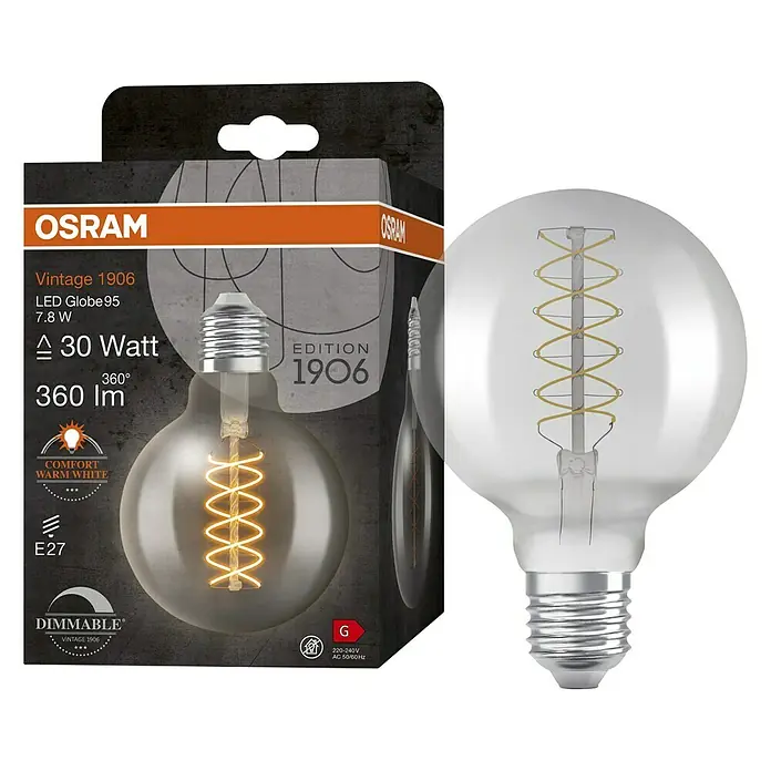 Osram LED-Lampe Vintage Edition 1906 Globe-Form E27 - Durchmesser: 9,5 cm, E27, Dimmbar, Warmweiß, 360 lm, 7,8 W - Produktbild einer Osram Vintage 1906 LED Globe95 Lampe mit 7.8W, die ein warmweißes Licht erzeugt und dimmbar ist.