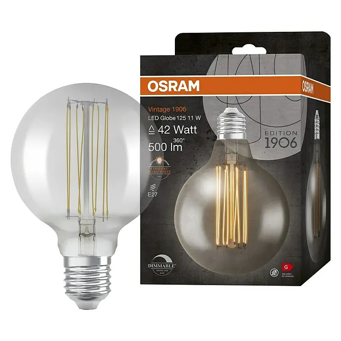 Osram LED-Lampe Vintage Edition 1906 Globe-Form 125 E27 - E27, Dimmbar, Warmweiß, 500 lm, 11 W - Produktbild einer Osram Vintage 1906 LED Globe 125 11 W Lampe, die warmweißes Licht spendet und dimmbar ist, für eine gemütliche Atmosphäre.