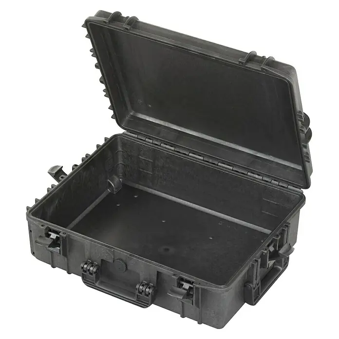 Wasserdichter Koffer MAX540 - L x B x H: 594 x 473 x 215 mm, Mit Würfelschaumstoffeinlage, Schwarz, Kunststoff - Geöffneter schwarzer Schutzkoffer, robust und leer, ideal für den sicheren Transport empfindlicher Ausrüstung.