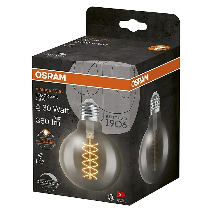 Osram LED-Lampe Vintage Edition 1906 Globe-Form E27 - Durchmesser: 9,5 cm, E27, Dimmbar, Warmweiß, 360 lm, 7,8 W - Produktfoto: OSRAM Vintage 1906 LED Globe 95, 7,8 W, entspricht 30 Watt, 360 lm, warmweiß, E27, dimmbar.