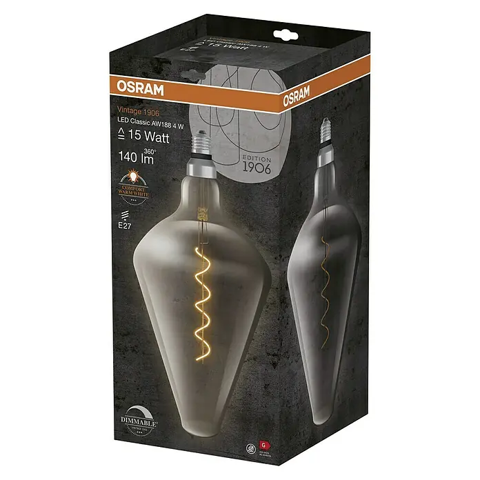 Osram LED-Lampe Vintage Edition 1906 Glühlampenform E27 - E27, Dimmbar, Warmweiß, 140 lm, 4 W - Produktfoto einer OSRAM Vintage 1906 LED Classic AW188 4 W Lampe mit 15 Watt Leistung und E27 Fassung.