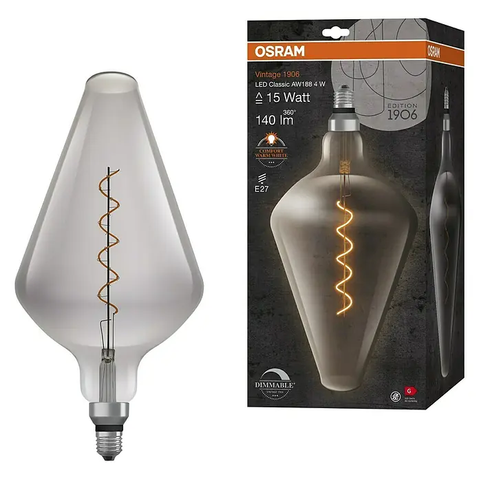 Osram LED-Lampe Vintage Edition 1906 Glühlampenform E27 - E27, Dimmbar, Warmweiß, 140 lm, 4 W - Produktabbildung einer Vintage 1906 LED-Lampe von Osram, die ein warmes, dimmbares Licht erzeugt und mit 15 Watt betrieben wird.