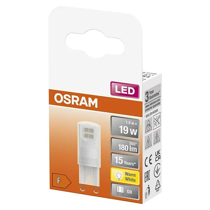 Osram LED-Lampe Pin G9 - G9, Nicht Dimmbar, Warmweiß, 180 lm, 19 W - Eine Osram LED Lampe in ihrer Verpackung. Die Lampe ist G9 und strahlt warmweißes Licht aus. Sie hat eine Lebensdauer von ca. 15 Jahren.