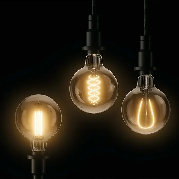 Osram LED-Lampe Vintage Edition 1906 Globe-Form E27 - Durchmesser: 9,5 cm, E27, Dimmbar, Warmweiß, 360 lm, 7,8 W - Drei dekorative Edison-Glühbirnen mit unterschiedlichen Glühfäden auf schwarzem Hintergrund, ideal für Vintage-Beleuchtung.