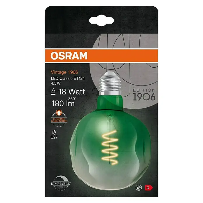 Osram LED-Lampe Vintage Edition 1906 Globe-Form E27 - E27, Dimmbar, Warmweiß, 180 lm, 4,5 W - Produktverpackung einer grünen OSRAM Vintage 1906 LED Classic ET124 Lampe mit 4,5W, die ein warmweißes Licht erzeugt und dimmbar ist.