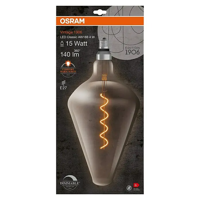 Osram LED-Lampe Vintage Edition 1906 Glühlampenform E27 - E27, Dimmbar, Warmweiß, 140 lm, 4 W - Nahaufnahme der OSRAM Vintage 1906 LED-Lampe AW188 4 W, die ein warmes, dimmbares Licht mit 140 Lumen und E27-Sockel ausstrahlt.