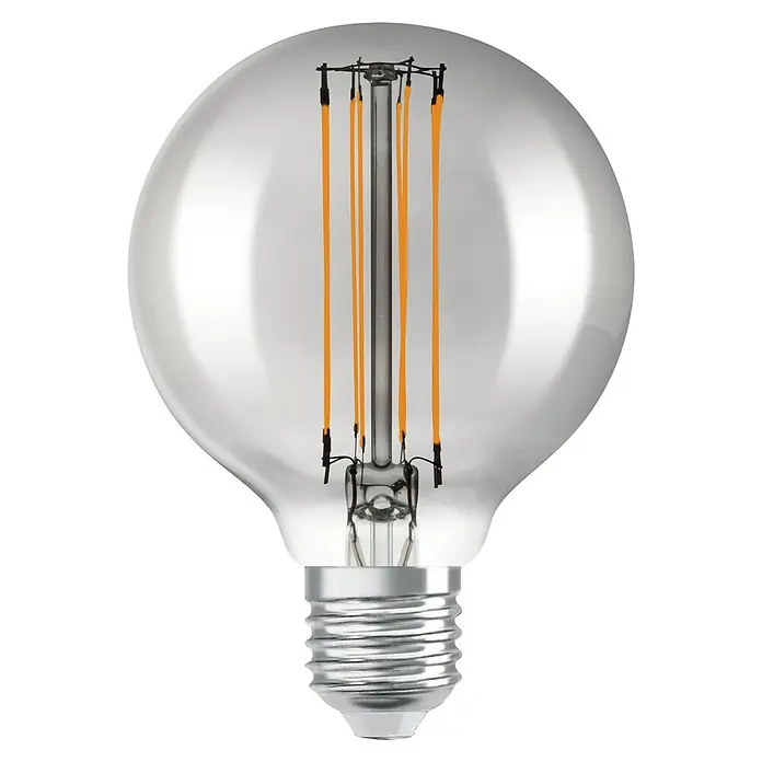 Osram LED-Lampe Vintage Edition 1906 Globe-Form 80 E27 - E27, Dimmbar, Warmweiß, 500 lm, 11 W - Nahaufnahme einer klaren Globe-Glühbirne mit LED-Filamenten, die ein warmes und einladendes Licht ausstrahlen.