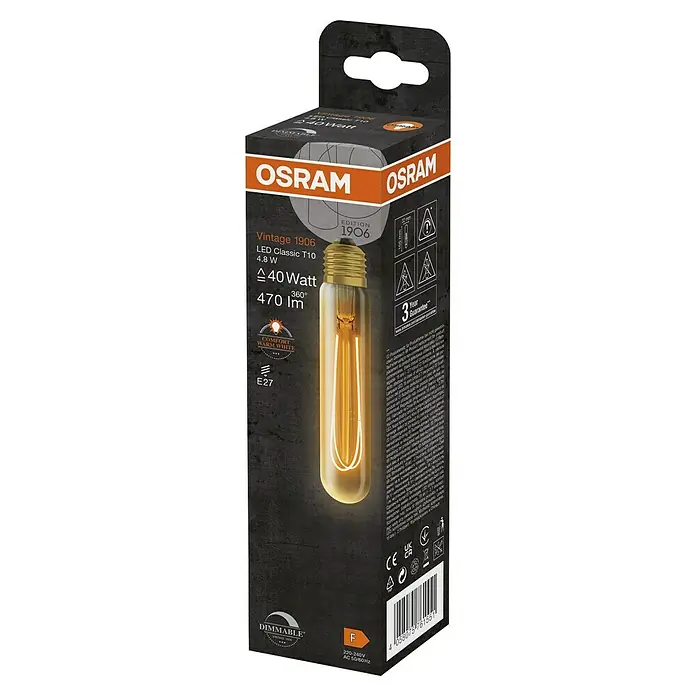 Osram LED-Lampe Vintage Edition 1906 Globe-Form E27 - E27, Dimmbar, Warmweiß, 470 lm, 4,8 W - Produktverpackung der Osram Vintage 1906 LED Classic T10 Lampe mit 4,8 W, die ein warmes, dimmbares Licht für eine gemütliche Atmosphäre spendet.