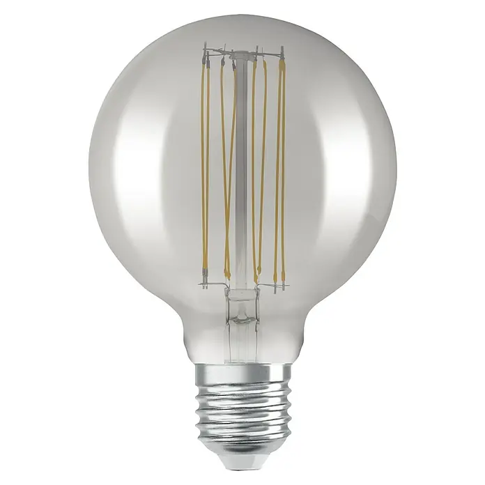 Osram LED-Lampe Vintage Edition 1906 Globe-Form 125 E27 - E27, Dimmbar, Warmweiß, 500 lm, 11 W - Nahaufnahme einer dekorativen LED-Glühbirne mit sichtbaren Glühfäden, die ein warmes und einladendes Licht verspricht.
