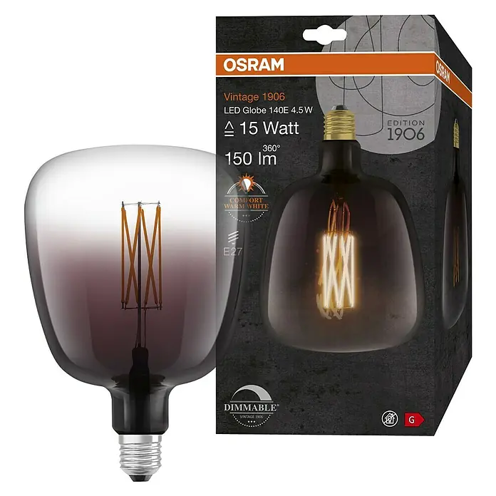 Osram LED-Lampe Vintage Edition 1906 Globe-Form E27 - E27, Dimmbar, Warmweiß, 150 lm, 4,5 W - Osram Vintage 1906 LED-Globuslampe mit 4,5W, die eine gemütliche, warmweiße Beleuchtung bietet und dimmbar ist.