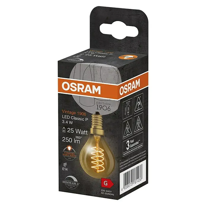 Osram LED-Lampe Vintage Edition 1906 Birnenform E14 - E14, Dimmbar, Warmweiß, 250 lm, 34 W - Nahaufnahme der Verpackung einer Osram Vintage 1906 LED Classic P Lampe mit 3,4 W, die warmweißes Licht erzeugt und dimmbar ist.