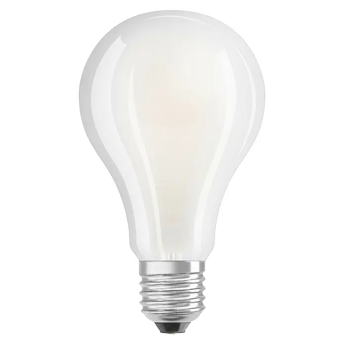 Osram LED-Lampe Glühlampenform E27 matt - E27, Nicht Dimmbar, Warmweiß, 3.452 lm, 24 W - Nahaufnahme einer A75 LED-Lampe mit opalem Finish und E27-Sockel, ideal für stimmungsvolle Beleuchtung und Energieeffizienz.