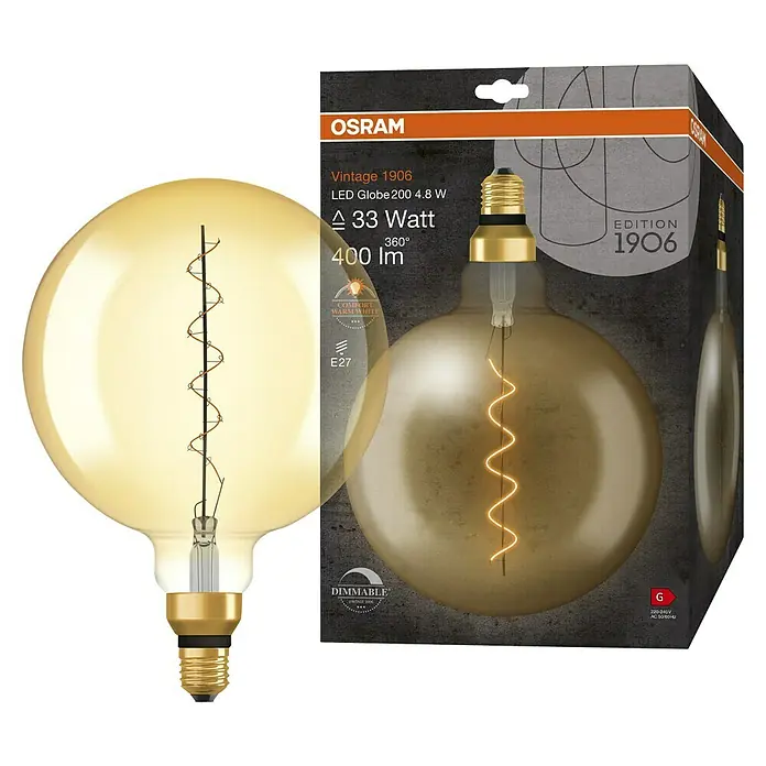 Osram LED-Lampe Vintage Edition 1906 Globe-Form E27 - E27, Dimmbar, Warmweiß, 400 lm, 4,8 W - Ein Osram Vintage 1906 LED Globe 200 4.8 W Leuchtmittel mit warmweißem Licht und Dimmfunktion neben der Produktverpackung.