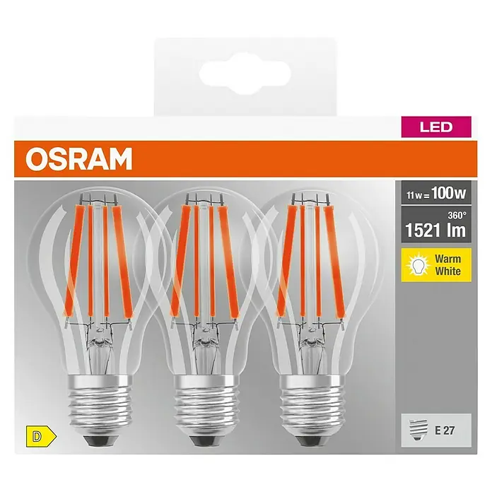 Osram LED-Lampen Set Glühlampenform E27 klar - E27, Nicht Dimmbar, Warmweiß, 1.521 lm, 11 W, Klar - Eine Packung Osram LED-Filament Lampen. Das Produkt verspricht warmweißes Licht und hohe Energieeffizienz.