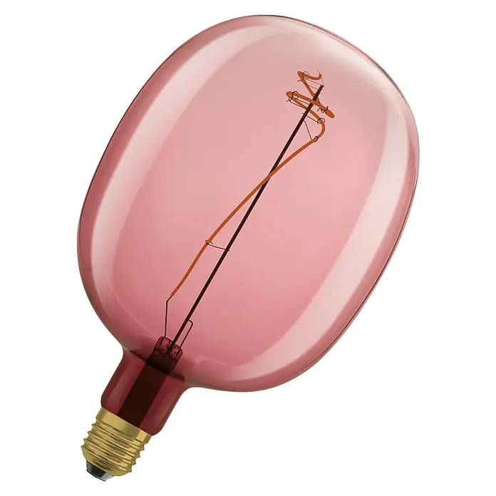 Osram LED-Lampe Vintage Edition 1906 Globe-Form E27 - E27, Dimmbar, Warmweiß, 220 lm, 4,5 W, Farbe: Pink - Eine rosa-farbene Vintage-Glühbirne mit einem filigranen Glühfaden, ideal für dekorative Beleuchtung und Retro-Akzente.
