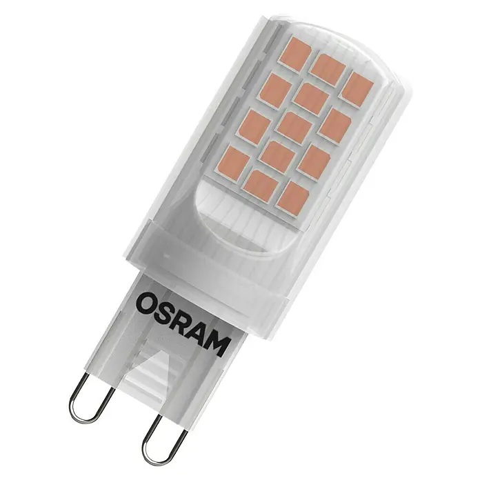 Osram LED-Lampe Pin G9 - G9, Nicht Dimmbar, Warmweiß, 430 lm, 42 W - Osram LED-Lampe mit klarem Gehäuse und rechteckigen LED-Chips, ideal für stimmungsvolle Beleuchtung und energieeffiziente Lösungen.
