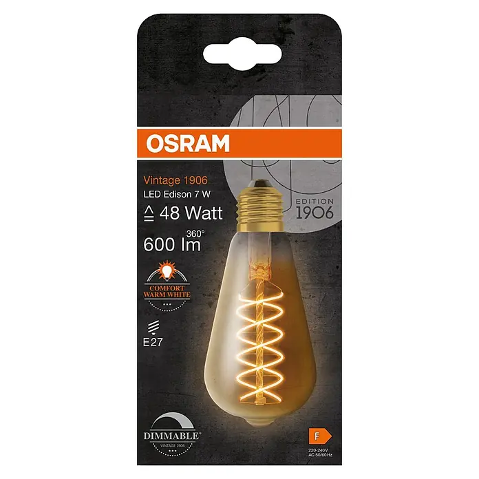 Osram LED-Lampe Vintage Edition 1906 Birnenform E27 - E27, Dimmbar, Warmweiß, 600 lm, 6,5 W, Gold - Verpackung einer Osram Vintage 1906 LED Edison Lampe mit 7 Watt, die ein warmweißes Licht mit 600 Lumen erzeugt und dimmbar ist.