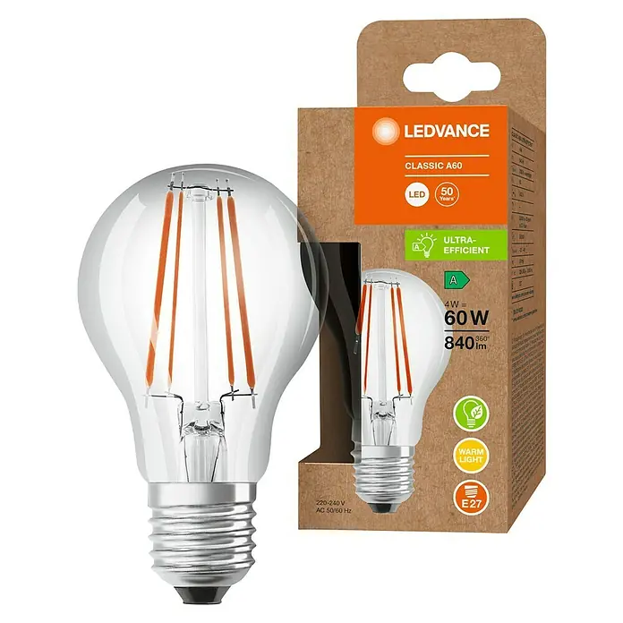 Ledvance LED-Lampe Glühlampenform E27 klarE27, Nicht Dimmbar, Warmweiß, 840 lm, 4 W