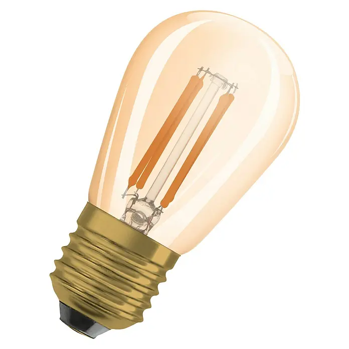 Osram LED-Lampe Vintage Edition 1906 Birnenform E27 - E27, Dimmbar, Warmweiß, 360 lm, 4,8 W, Gold - Nahaufnahme einer bernsteinfarbenen LED-Glühbirne mit sichtbaren Filamenten und goldenem Schraubsockel vor schwarzem Hintergrund.