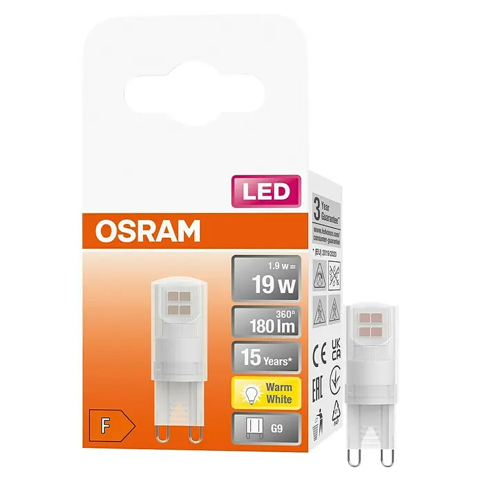 Osram LED-Lampe Pin G9 - G9, Nicht Dimmbar, Warmweiß, 180 lm, 19 W - Produktverpackung einer OSRAM LED-Lampe mit G9-Sockel, warmweißem Licht und einer Lebensdauer von 15 Jahren. Energieeffizienzklasse F, 19W Leistung.