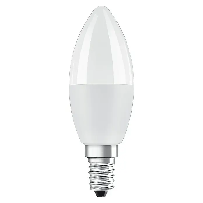 Osram LED-Lampen Set Kerzenform E14 2er Set mit Fernbedienung und Farbsteuerung - E14, Dimmbar, RGBW, 470 lm, 4,9 W - Nahaufnahme einer LED-Kerzenlampe mit E14-Sockel, ideal für stimmungsvolle Beleuchtung und Energieeinsparung.