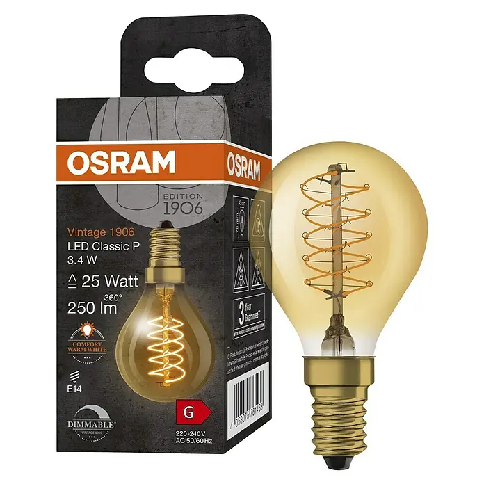 Osram LED-Lampe Vintage Edition 1906 Birnenform E14 - E14, Dimmbar, Warmweiß, 250 lm, 34 W - OSRAM Vintage 1906 LED Classic P 3.4W Lampe, stimmungsvolles Licht für Ihr Zuhause mit warmweißer Lichtfarbe und dimmbarer Funktion.