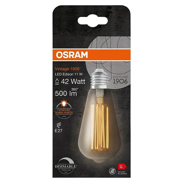 Osram LED-Lampe Vintage Edition 1906 Birnenform E27 - E27, Dimmbar, Warmweiß, 500 lm, 11 W, Smoke - Produktbild: OSRAM Vintage 1906 LED Edison Lampe, 11W, 42W Äquivalent, 500 Lumen, warmweißes Licht, E27 Sockel, dimmbar und im Vintage-Design.