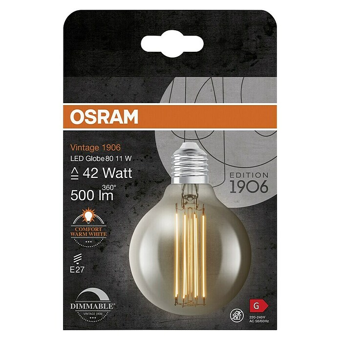 Osram LED-Lampe Vintage Edition 1906 Globe-Form 80 E27 (E27, Dimmbar, Warmweiß, 500 lm, 11 W) | BAUHAUS