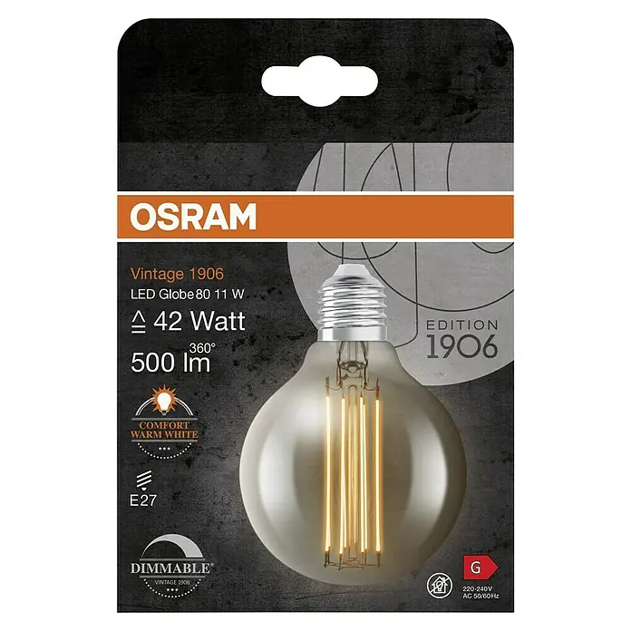 Osram LED-Lampe Vintage Edition 1906 Globe-Form 80 E27 - E27, Dimmbar, Warmweiß, 500 lm, 11 W - Produktverpackung der OSRAM Vintage 1906 LED-Lampe, Globe 80 11 W, dimmbar mit warmweißem Licht und E27-Sockel.