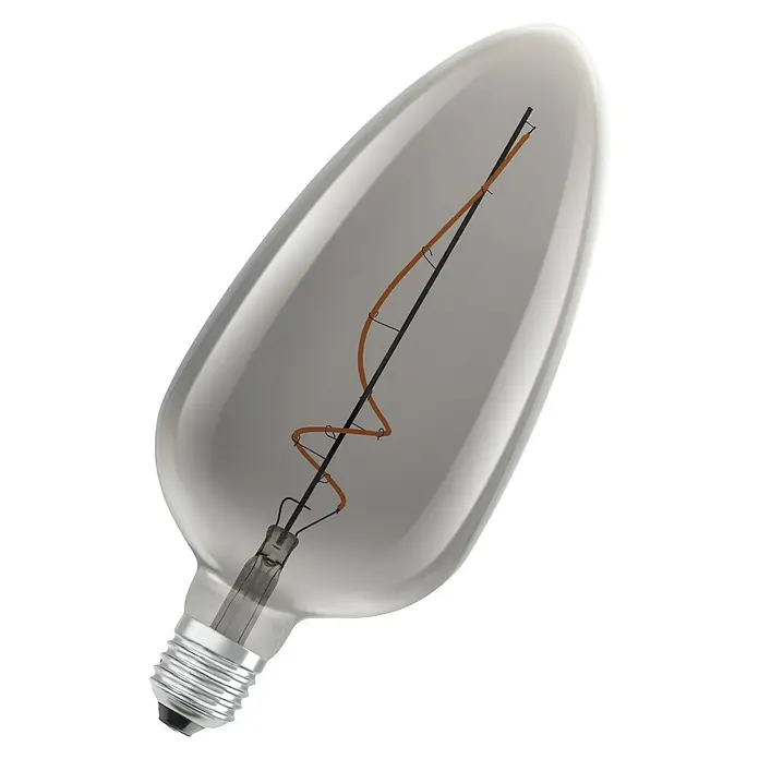 Osram LED-Lampe Vintage Edition 1906 Globe-Form E27 - E27, Dimmbar, Warmweiß, 140 lm, 4 W - Nahaufnahme einer länglichen Glühbirne mit einem spiralförmigen Glühfaden, die ein warmes, gedämpftes Licht für stimmungsvolle Beleuchtung erzeugt.