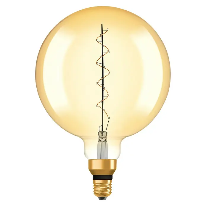 Osram LED-Lampe Vintage Edition 1906 Globe-Form E27 - E27, Dimmbar, Warmweiß, 400 lm, 4,8 W - Nahaufnahme einer dekorativen Glühbirne mit einem gewundenen Filament, die warmes Licht ausstrahlt und eine gemütliche Atmosphäre erzeugt.