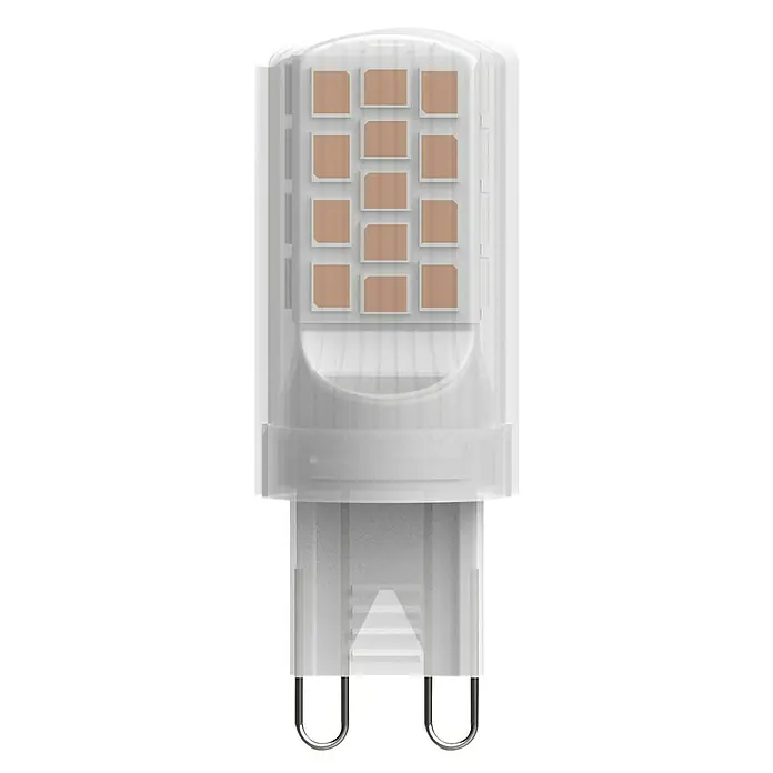 Osram LED-Lampe Pin G9 - G9, Nicht Dimmbar, Warmweiß, 430 lm, 42 W - Nahaufnahme einer LED-G4-Glühbirne mit zweipoligem Stecksockel, ideal für energiesparende Beleuchtung im Haushalt.