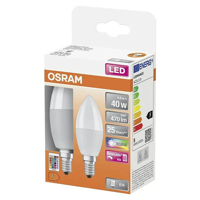Osram LED-Lampen Set Kerzenform E14 2er Set mit Fernbedienung und Farbsteuerung - E14, Dimmbar, RGBW, 470 lm, 4,9 W - OSRAM LED-Lampe: Energieeffiziente 4.9W LED, ersetzt 40W, mit 470 Lumen und RGBW-Funktion für stimmungsvolle Beleuchtung.