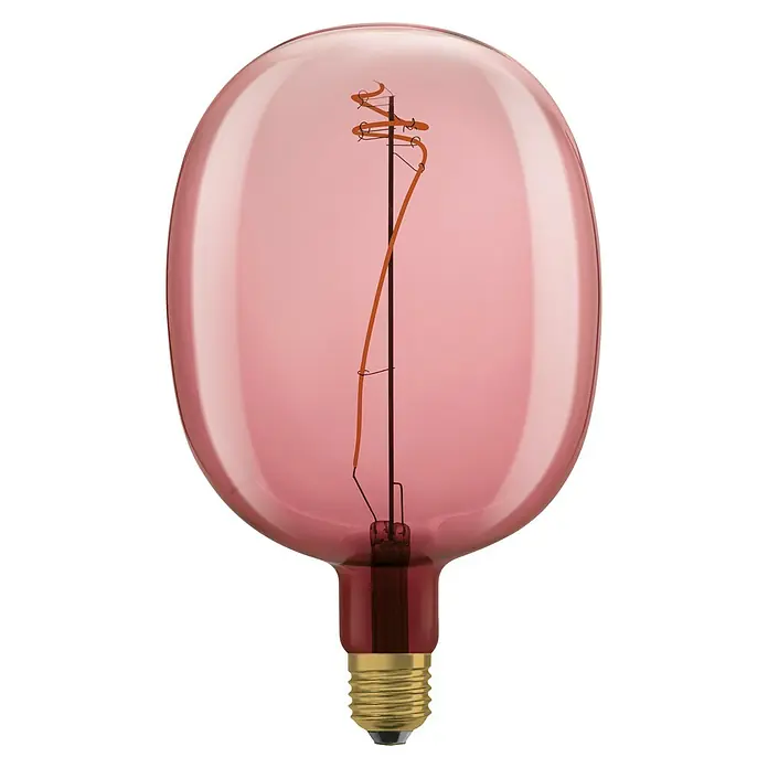 Osram LED-Lampe Vintage Edition 1906 Globe-Form E27 - E27, Dimmbar, Warmweiß, 220 lm, 4,5 W, Farbe: Pink - Eine Nahaufnahme einer dekorativen, rosafarbenen Glühbirne mit einem sichtbaren Glühfaden, die ein warmes Licht ausstrahlt.
