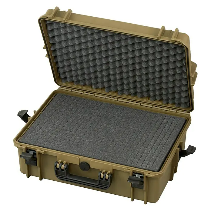 Wasserdichter Koffer MAX505 - L x B x H: 555 x 428 x 211 mm, Kunststoff, Mit Würfelschaumstoffeinlage, Sahara - Beiger Schutzkoffer mit schwarzem Schaumstoffeinlage, ideal für den sicheren Transport empfindlicher Gegenstände.