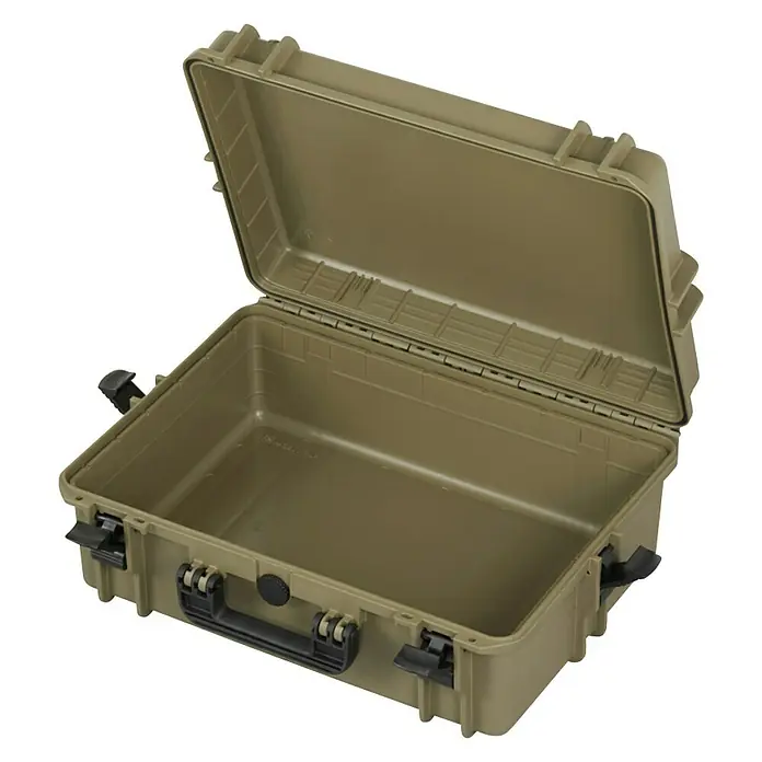 Wasserdichter Koffer MAX505 - L x B x H: 555 x 428 x 211 mm, Kunststoff, Ohne Schaumstoffeinlage, Sahara - Geöffnete, robuste, khaki-farbene Transportbox, ideal für den sicheren Transport empfindlicher Geräte. Robuste Bauweise für zuverlässigen Schutz.
