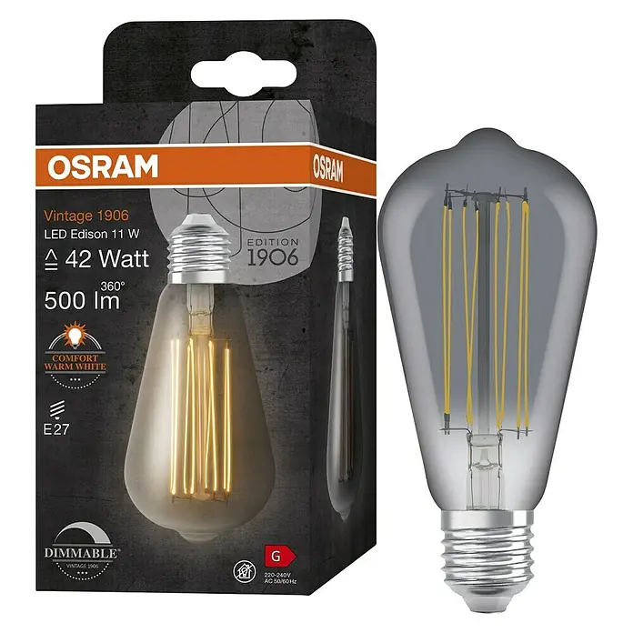 Osram LED-Lampe Vintage Edition 1906 Birnenform E27 - E27, Dimmbar, Warmweiß, 500 lm, 11 W, Smoke - Produktbild einer Osram Vintage 1906 LED Edison Lampe mit 11W, die ein warmweißes Licht ausstrahlt und dimmbar ist.