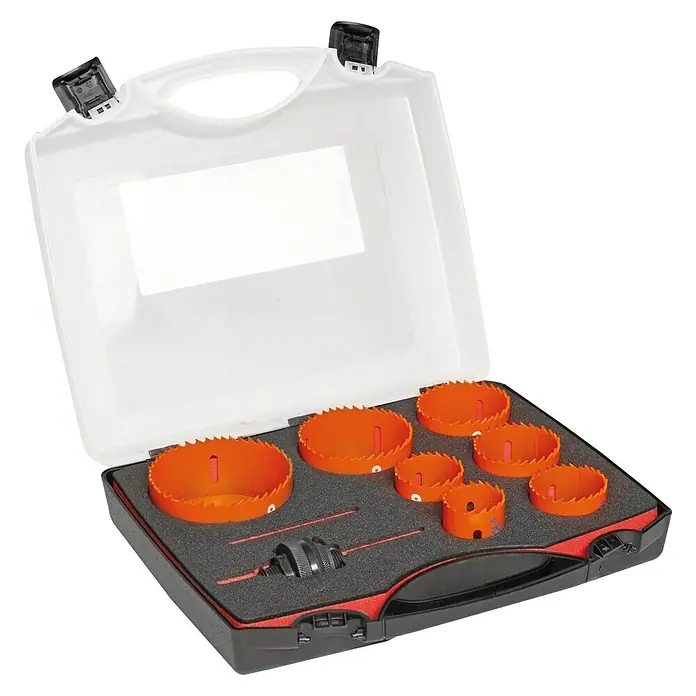 Bahco Lochsägenkoffer - Max. 38 mm, 10 mm, 9 Stk. - Ein Set von orangefarbenen Lochsägen in einem schwarzen Koffer. Ideal für präzise Bohrlöcher in verschiedenen Materialien.
